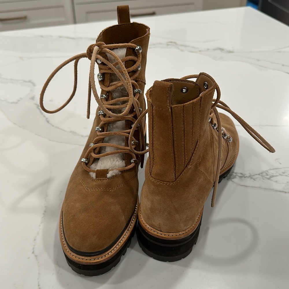 Marc Fisher Izzie Hiker Boots Genuine Shearling Lace Up Boot Tan Suede